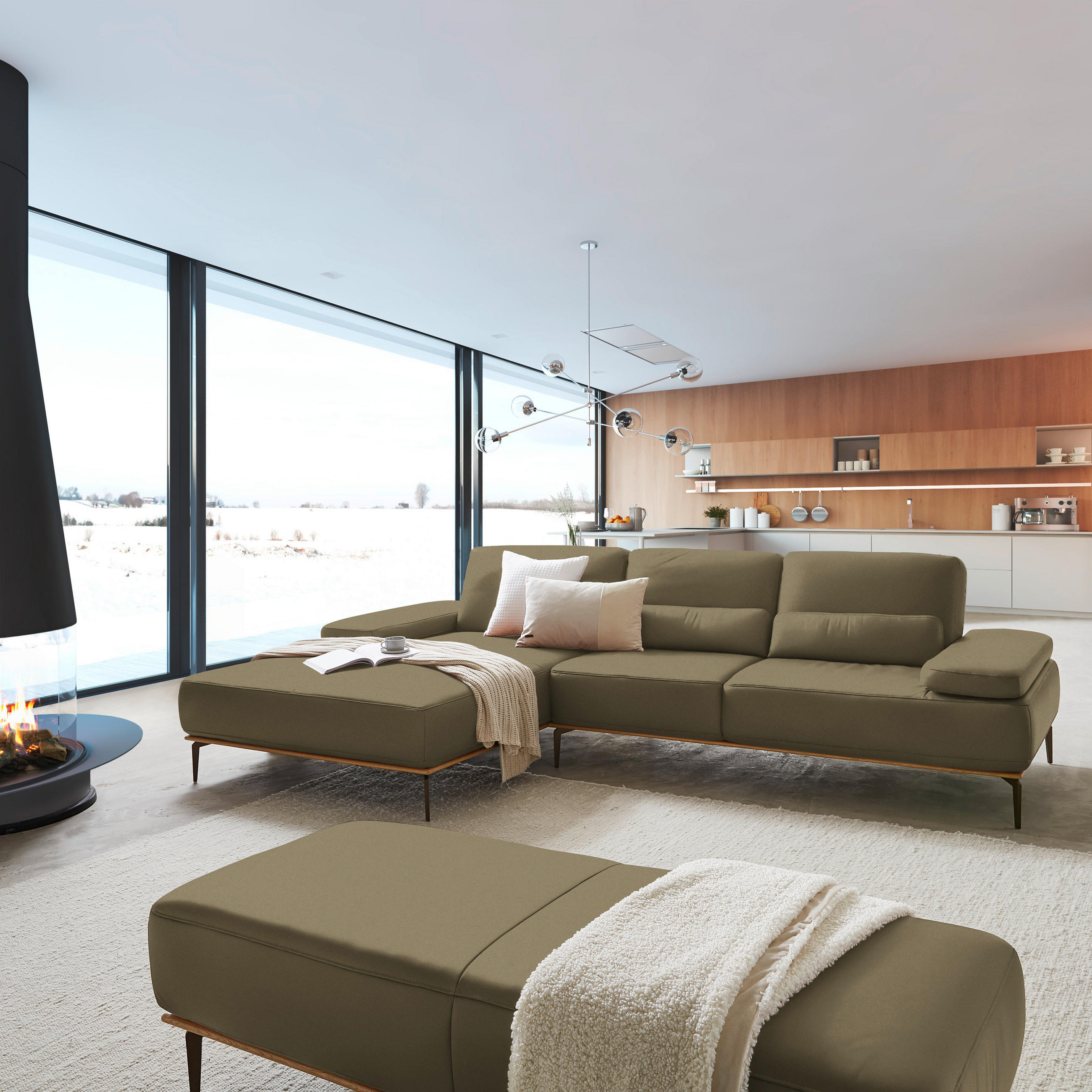 ECKSOFA in Echtleder Olivgrün  - Bronzefarben/Olivgrün, Design, Leder/Holz (176/314cm) - Valnatura