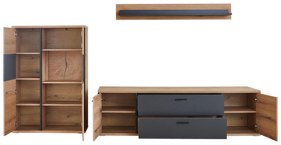 WOHNWAND  in Schwarz, Eichefarben, Dunkelgrau  312/179/50 cm  - Eichefarben/Dunkelgrau, KONVENTIONELL, Glas/Holzwerkstoff (312/179/50cm) - Xora