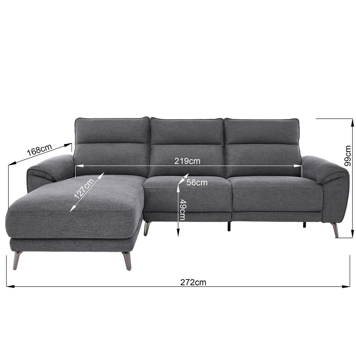 ECKSOFA Dunkelgrau Webstoff  - Chromfarben/Dunkelgrau, Design, Textil/Metall (168/272cm) - Carryhome