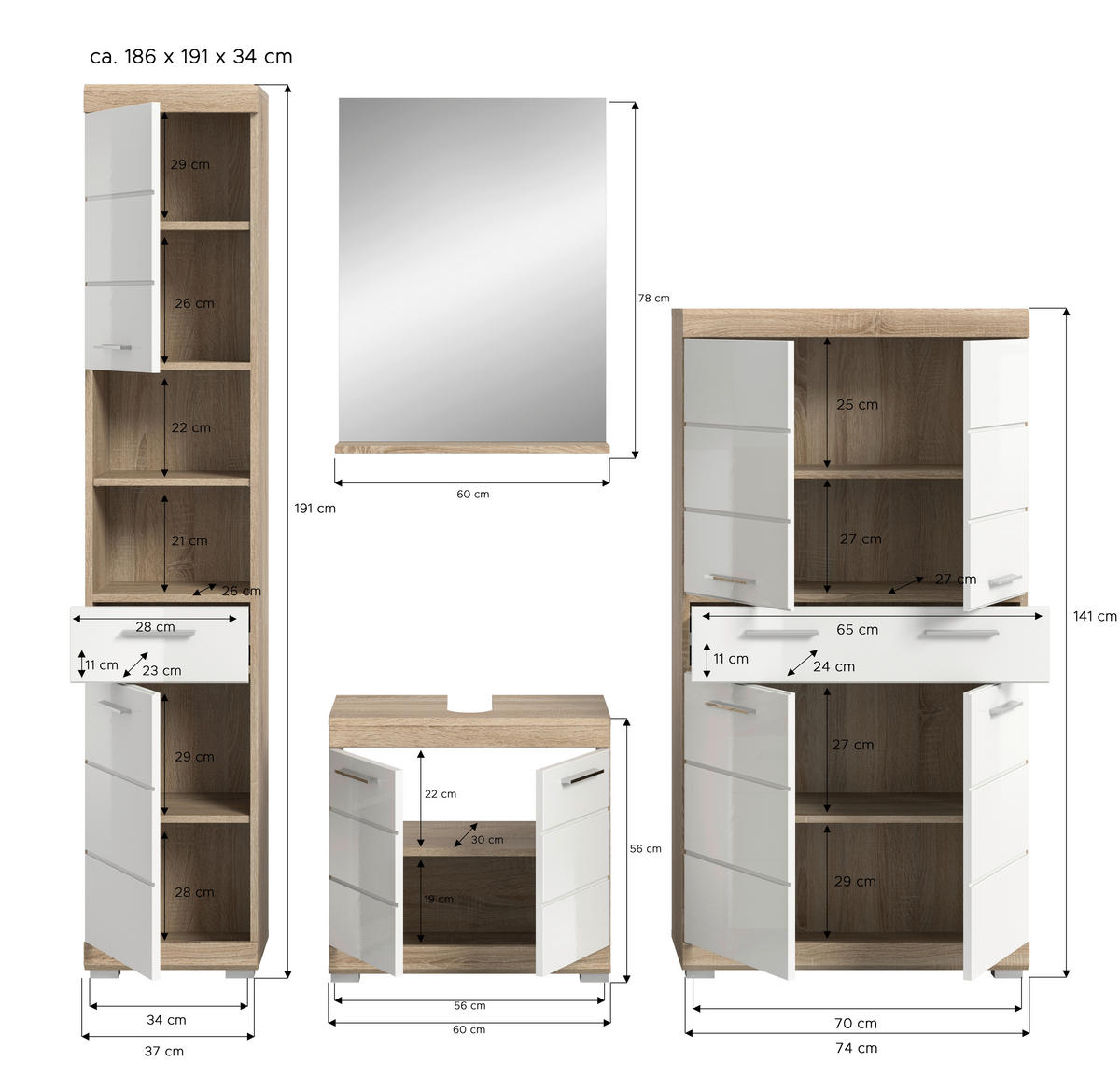 BADEZIMMER 4-teilig  in 171 cm  - Weiß Hochglanz/Silberfarben, MODERN, Glas/Holzwerkstoff (171cm) - MID.YOU