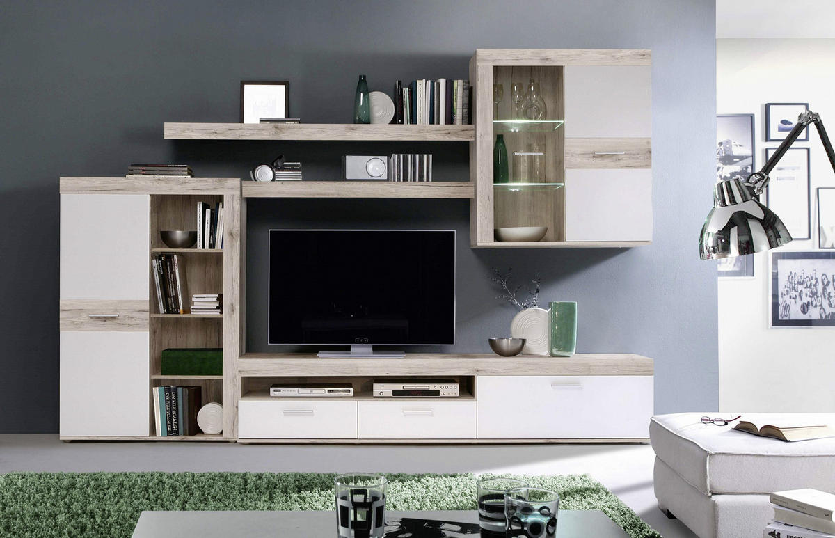 WOHNWAND  in Weiß, Eichefarben  300/200,9/41 cm  - Eichefarben/Alufarben, Design, Glas/Holzwerkstoff (300/200,9/41cm) - Carryhome