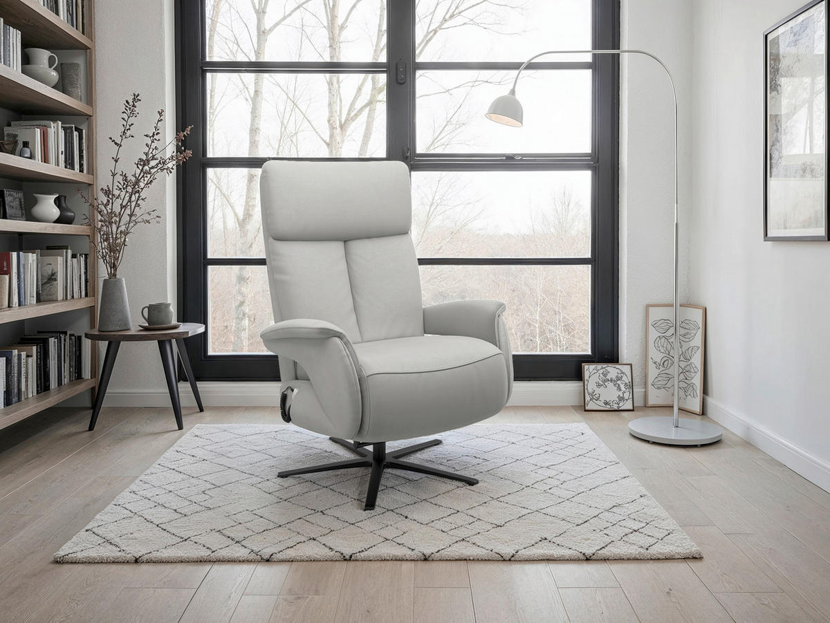 RELAXSESSEL TV TRIPLE SEVEN XTRA LARGE XL Echtleder Kopfteilverstellung, Fußteilverstellung, Rücken echt    - Hellgrau/Schwarz, Basics, Leder/Metall (86/120/86cm) - Sit & More