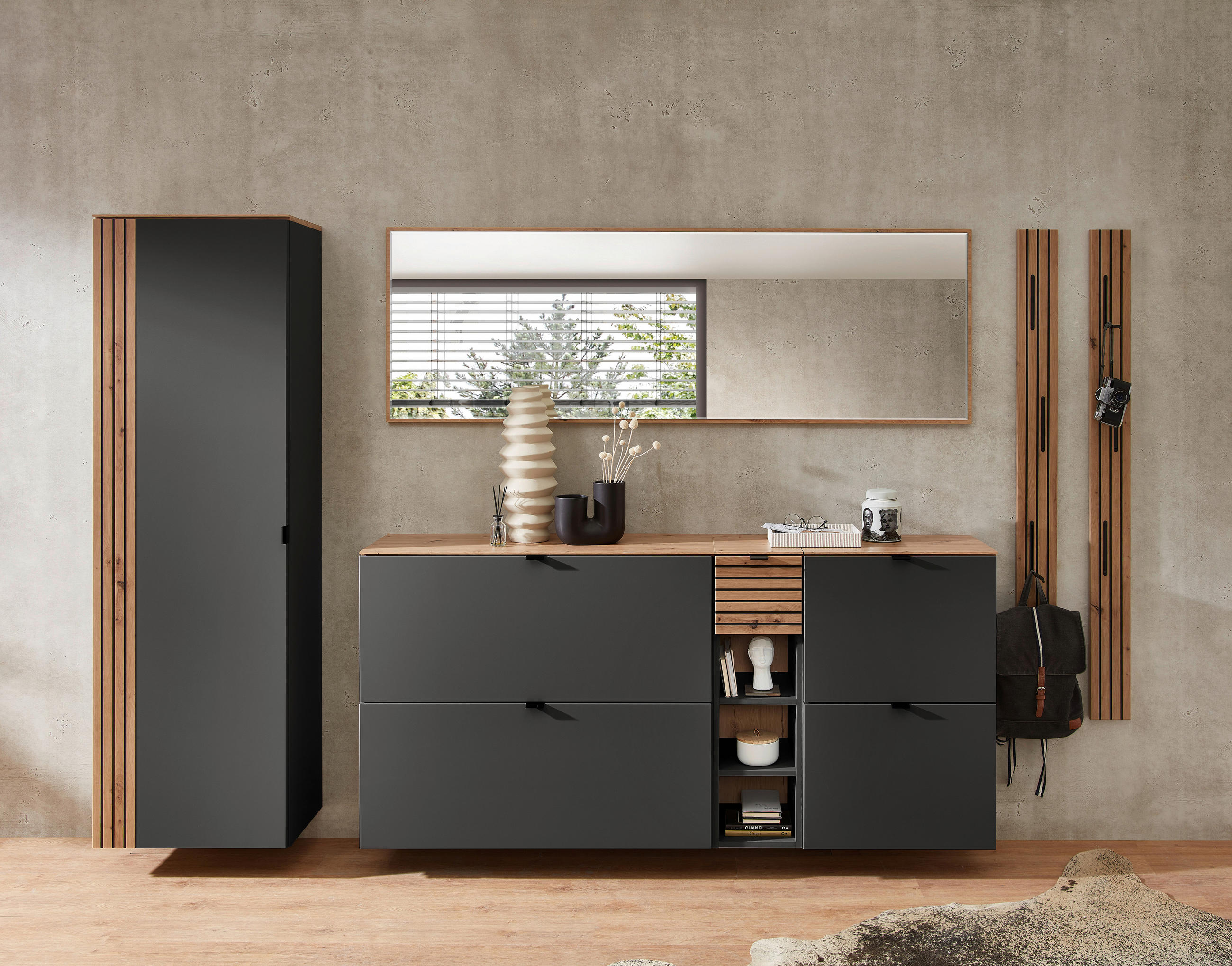 GARDEROBE 7-teilig  in 305/179/37 cm  - Graphitfarben/Eiche Artisan, Design, Holzwerkstoff (305/179/37cm) - Voleo