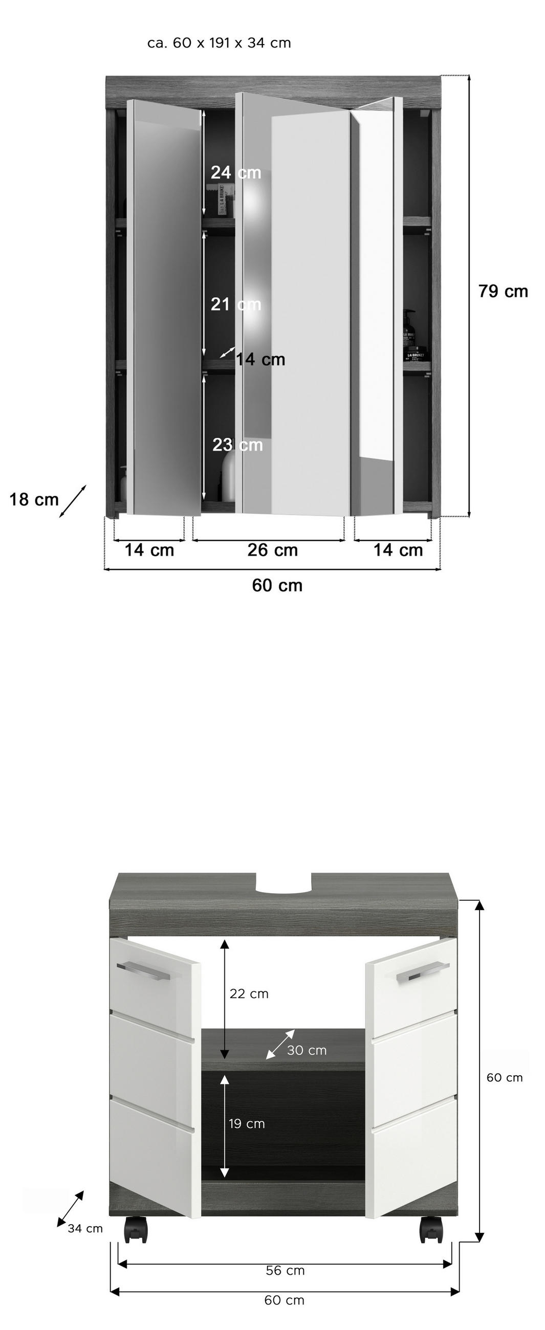 BADEZIMMER 2-teilig  in 60 cm  - Weiß Hochglanz/Silberfarben, Trend, Glas/Holzwerkstoff (60cm) - MID.YOU