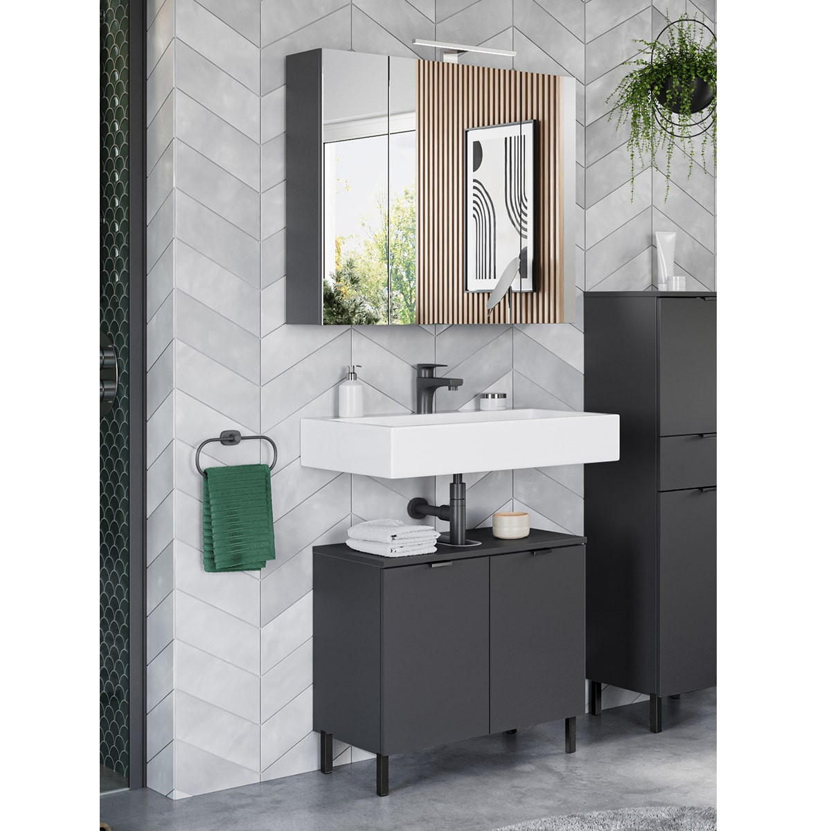 BADEZIMMER 2-teilig  in 76 cm  - Schwarz/Graphitfarben, MODERN, Holzwerkstoff/Metall (76cm) - Germania