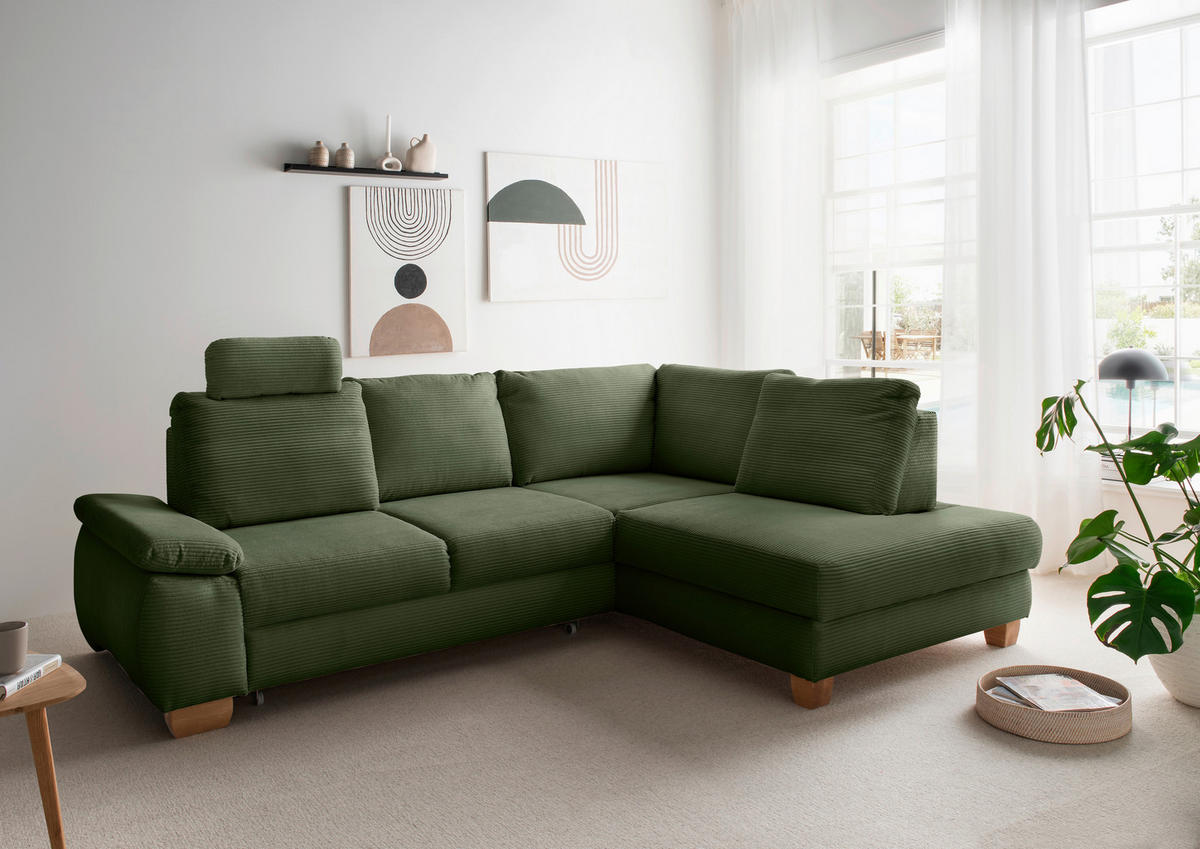 ECKSCHLAFSOFA  mit Liegefunktion, Rücken echt, Armteil links Cord Dunkelgrün  - Wildeiche/Dunkelgrün, MODERN, Holz/Textil (261/206cm) - Livetastic