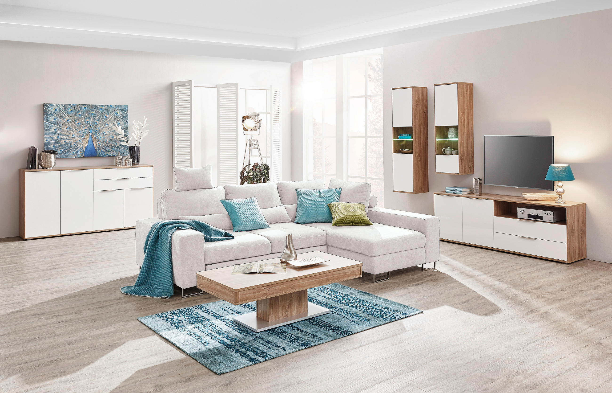 Thumbnail - Hom`in Wohnlandschaft, Creme, Textil, 4-Sitzer, Füllung: Schaumstoff, Ottomane rechts, 260x188 cm, Stoffauswahl, seitenv...