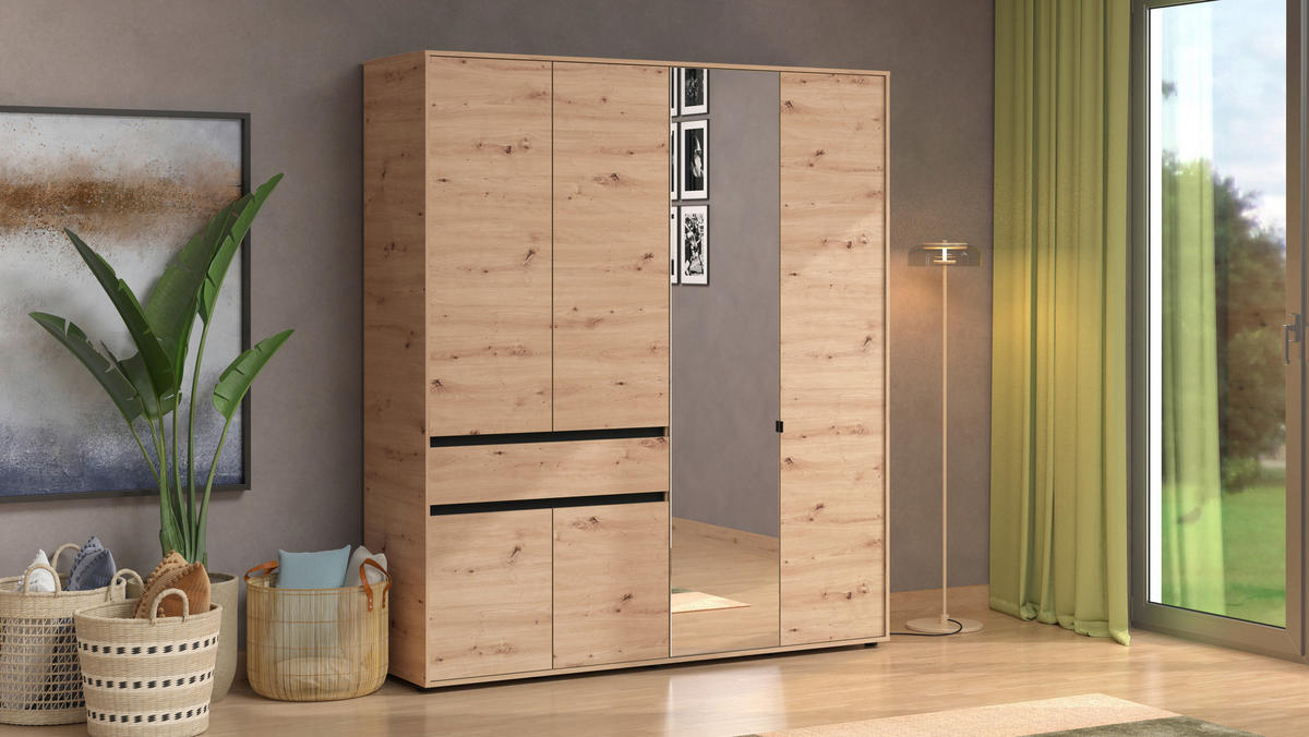 DREHTÜRENSCHRANK 6-türig Schwarz, Eiche Artisan  - Schwarz/Eiche Artisan, Basics, Glas/Holzwerkstoff (182,5/210.5/54cm) - Xora