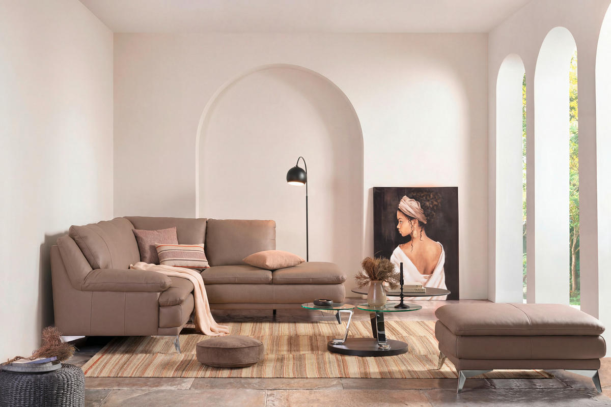ECKSOFA  in Echtleder Beige  242/224 cm  - Chromfarben/Beige, Design, Leder/Metall (242/224cm) - Novel