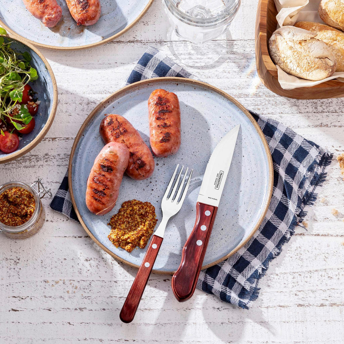 STEAKBESTECK JUMBO 4-teilig  - Edelstahlfarben/Rot, Basics, Holz/Metall