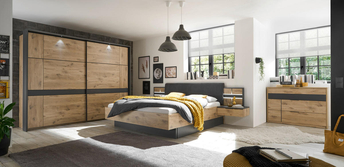 SCHWEBETÜRENSCHRANK in Graphitfarben, Eichefarben  - Eichefarben/Graphitfarben, Konventionell, Holzwerkstoff/Metall (270/210/60cm) - Ti'me