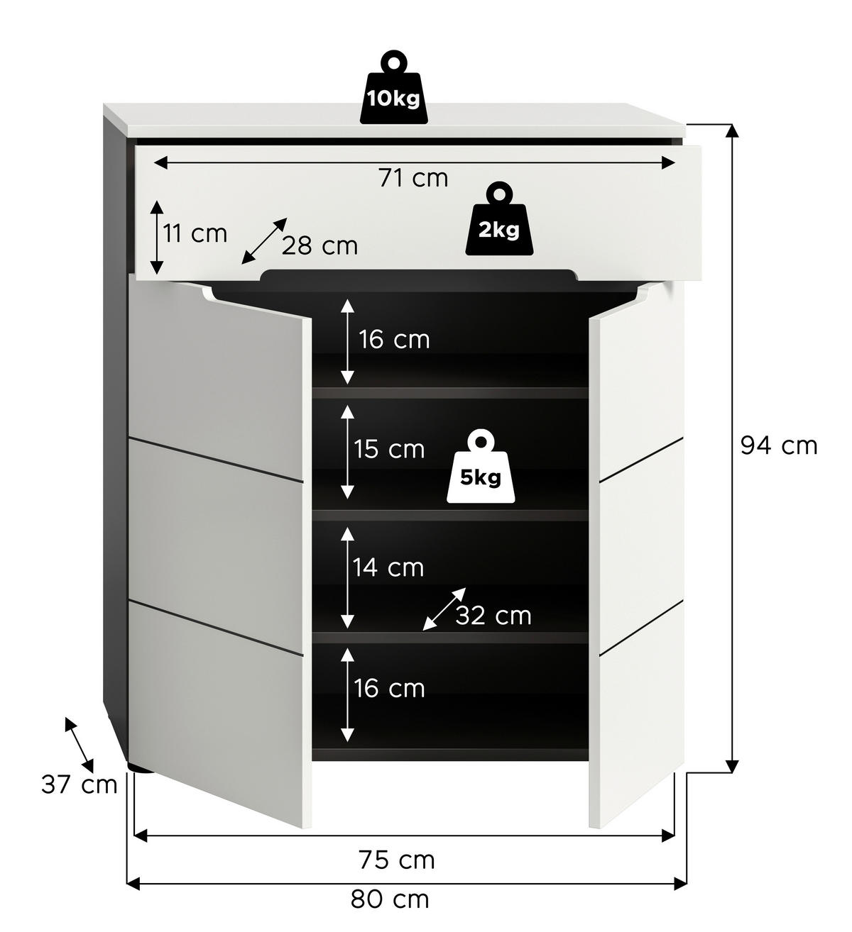 SCHUHSCHRANK  in 80/94/37 cm  - Schwarz/Weiß, Design, Holzwerkstoff/Kunststoff (80/94/37cm) - Livetastic