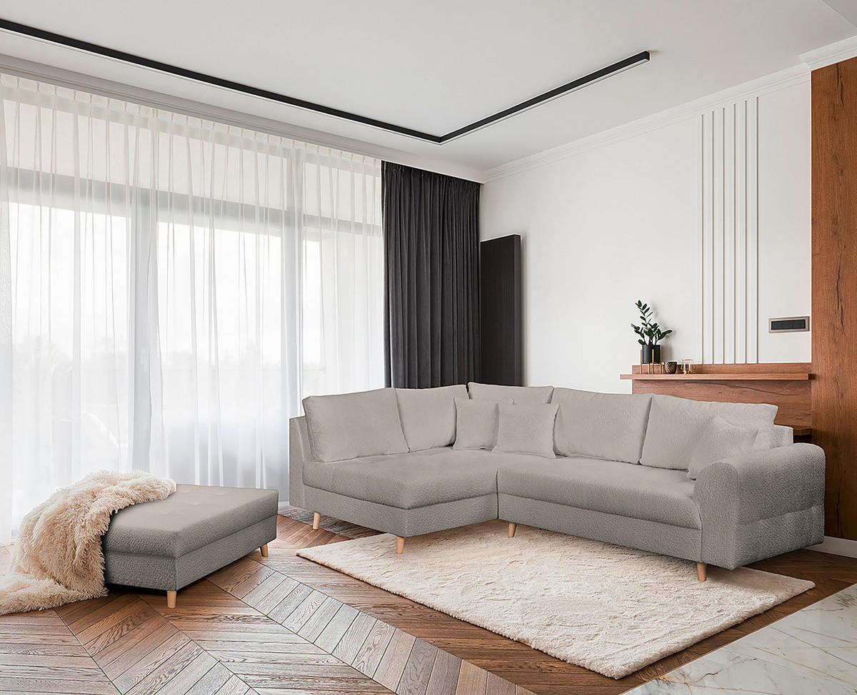 ECKSOFA inkl. Hocker Ariella Grau Bouclé  - Naturfarben/Grau, Design, Holz/Textil (161/231cm) - Livetastic