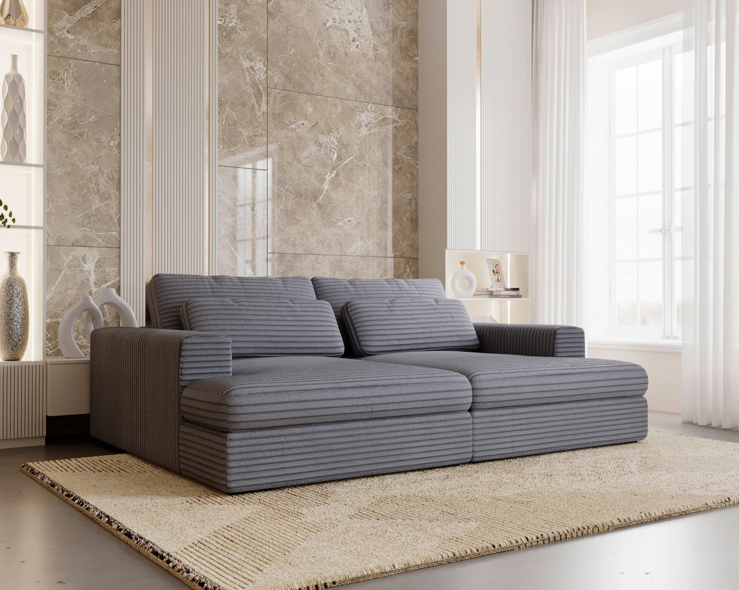 BIGSOFA Cord Blaugrau  - Blaugrau/Schwarz, Design, Textil (223/80/158cm) - home24
