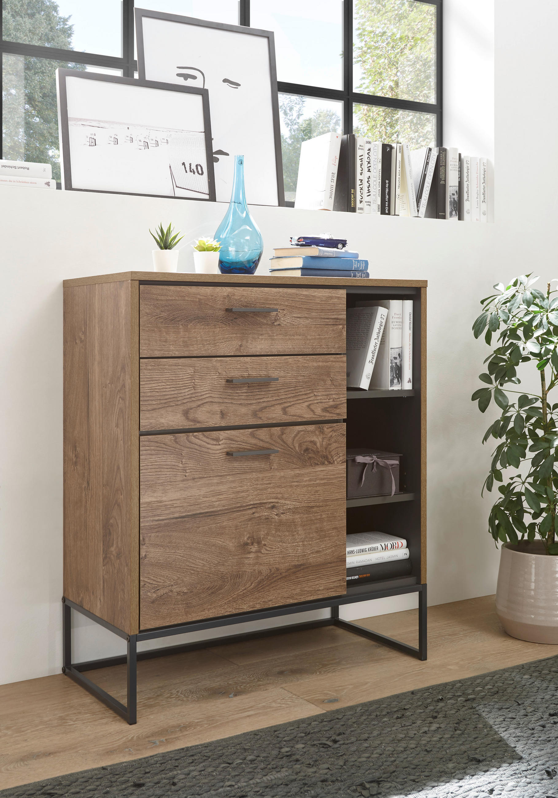 COMODĂ 79/94/38 cm  - culoare lemn stejar/grafit, Trend, metal/material pe bază de lemn (79/94/38cm) - Xora