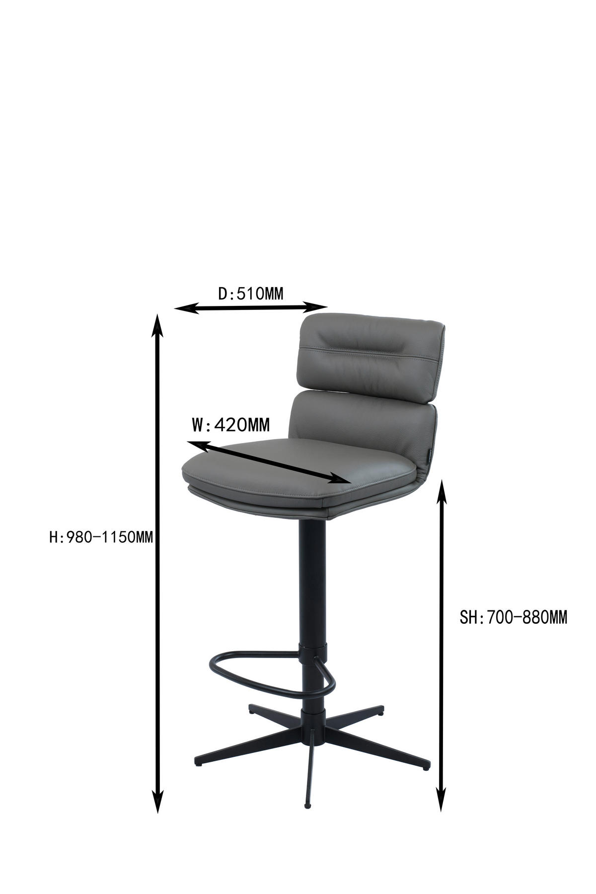 BARHOCKER Echtleder Schwarz, Dunkelgrau Eisen Lederauswahl, Stoffauswahl, Wippfunktion, Sitzfläche 360° drehbar  - Dunkelgrau/Schwarz, Design, Leder/Metall (42/99-117/50cm) - Dieter Knoll