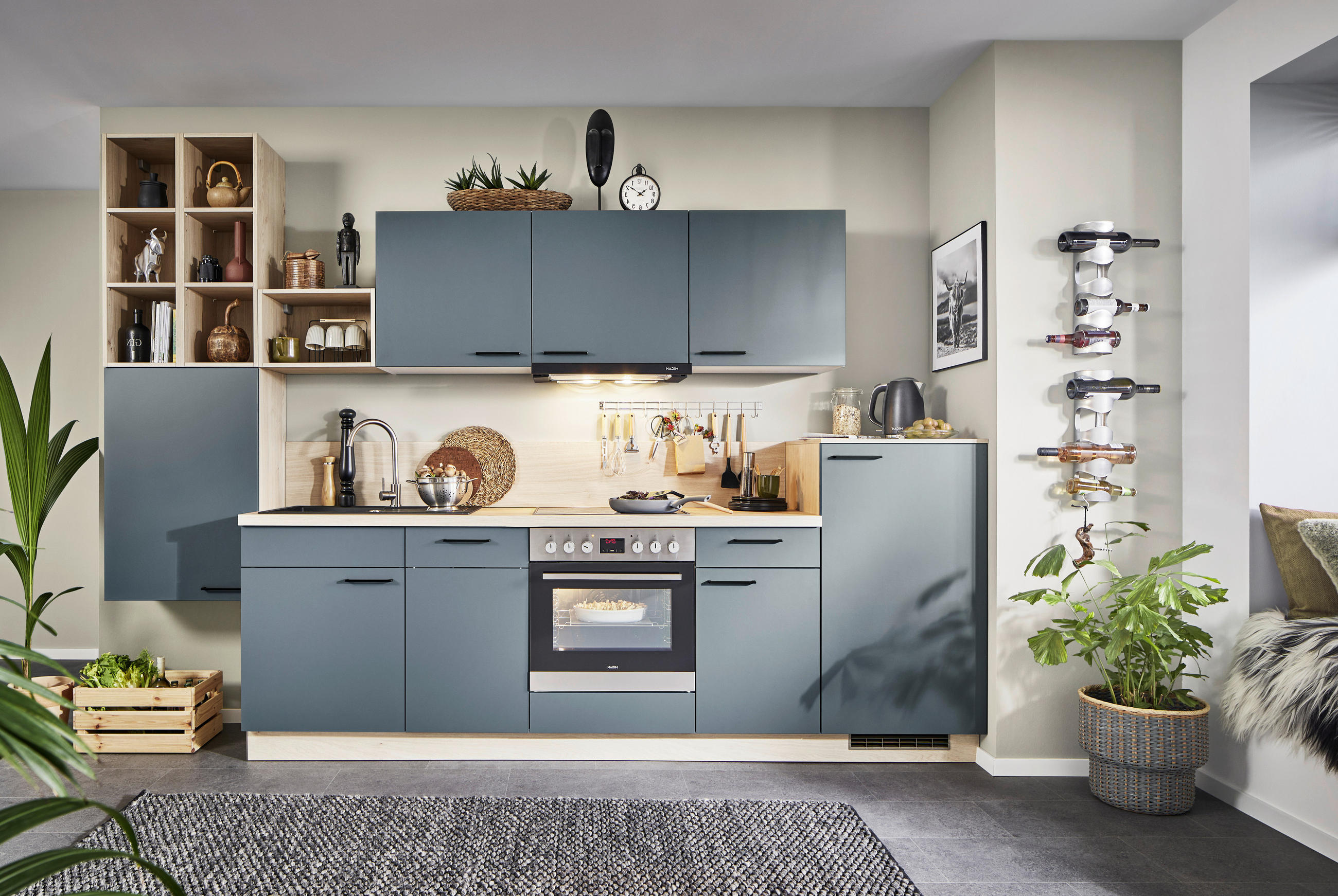 KÜCHENLEERBLOCK 330 cm   in Dunkelgrün, Wildeiche  - Wildeiche/Dunkelgrün, KONVENTIONELL, Holzwerkstoff/Metall (330cm) - Welnova