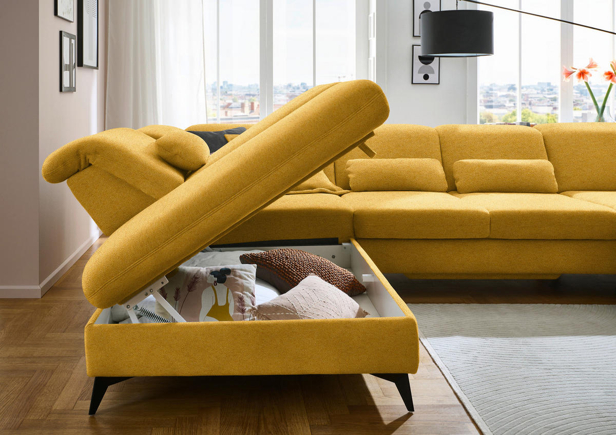 WOHNLANDSCHAFT Chenille Currygelb  - Currygelb/Schwarz, Design, Textil/Metall (255/369/198cm) - Beldomo Style