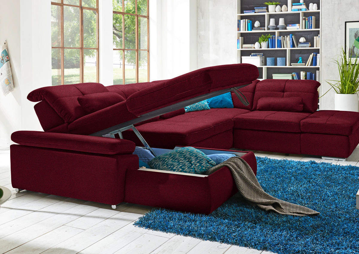 WOHNLANDSCHAFT  in Mikrofaser Weinrot  - Chromfarben/Weinrot, Design, Textil (195/371/260cm) - Beldomo Style