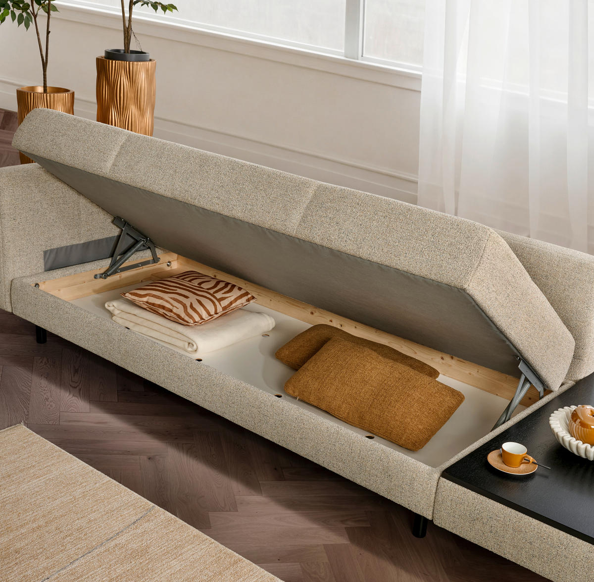 LIEGE  in Webstoff Creme  - Eiche dunkel/Creme, Design, Holz/Textil (217/92/107cm) - Joka