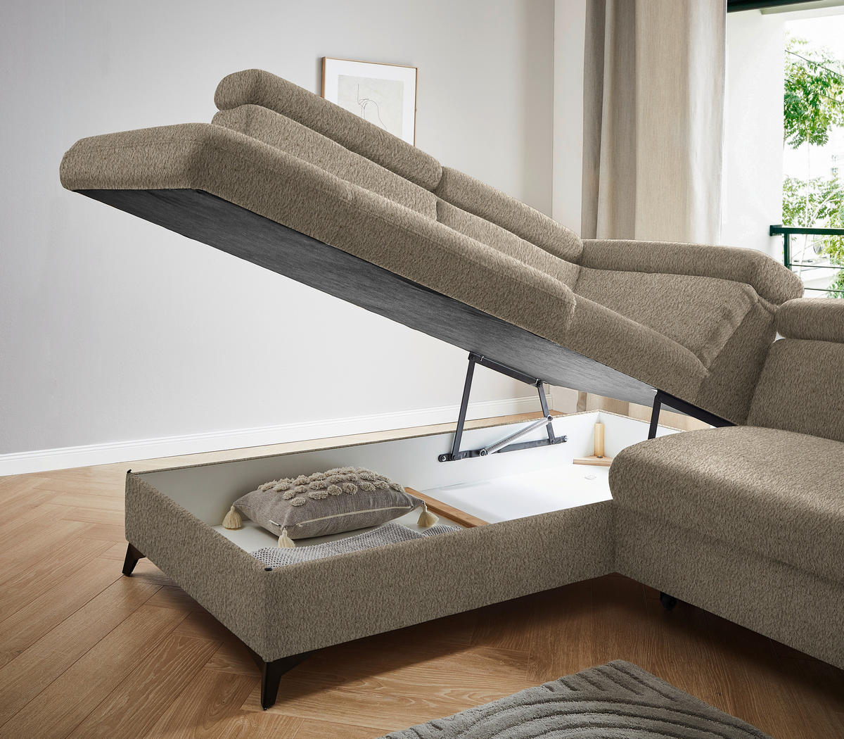 ECKSOFA in Teddystoff Braun  - Schwarz/Braun, Design, Textil/Metall (203/260cm) - Stylife