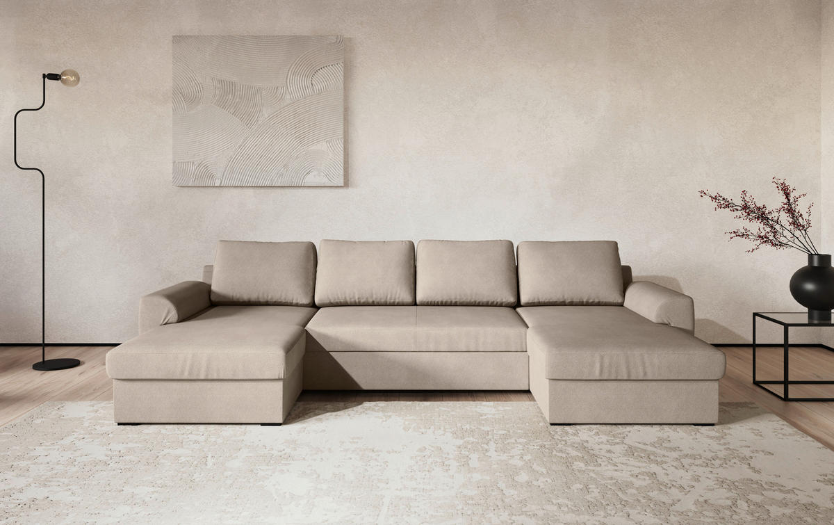 SJEDEĆA GARNITURA tekstil  prirodne boje   - prirodne boje/crna, Trend, tekstil/plastika (154/327/86cm) - MID.YOU