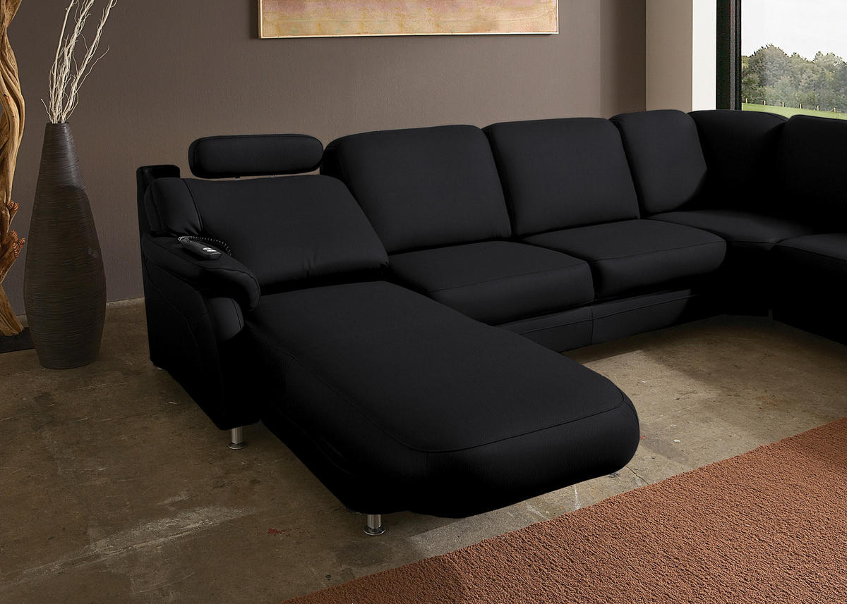 WOHNLANDSCHAFT Echtleder Schwarz  - Alufarben/Schwarz, Konventionell, Leder/Metall (165/329/239cm) - Beldomo Premium