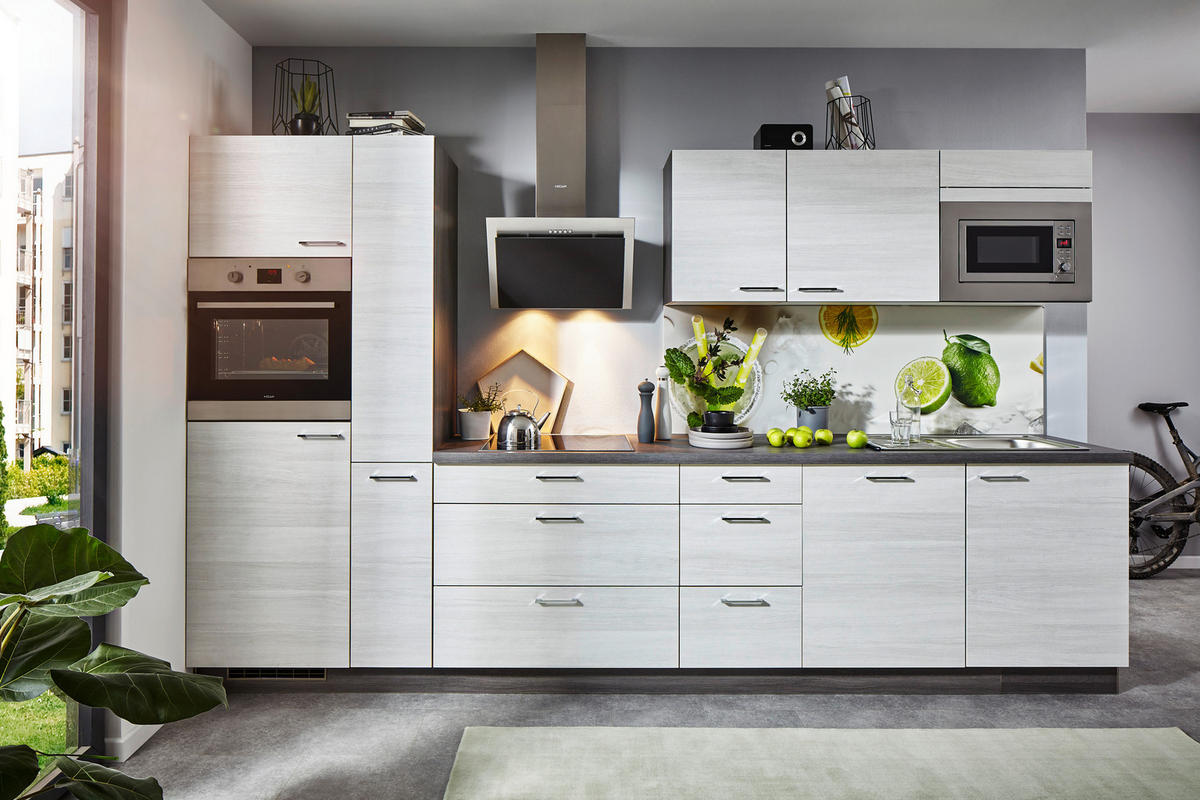 KUHINJSKI BLOK BREZ APARATOV - barve nerjavečega jekla/barve hrasta, Konvencionalno, kovina/leseni material (345cm) - Welnova