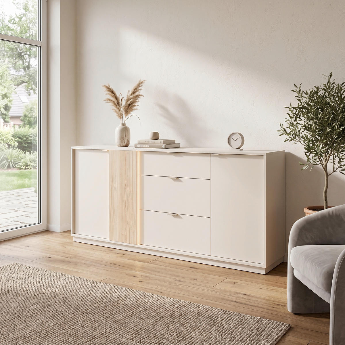 ŠIROKA KOMODA, kašmir  - srebrne barve/črna, Design, umetna masa/leseni material (193/83/40cm) - Ti'me