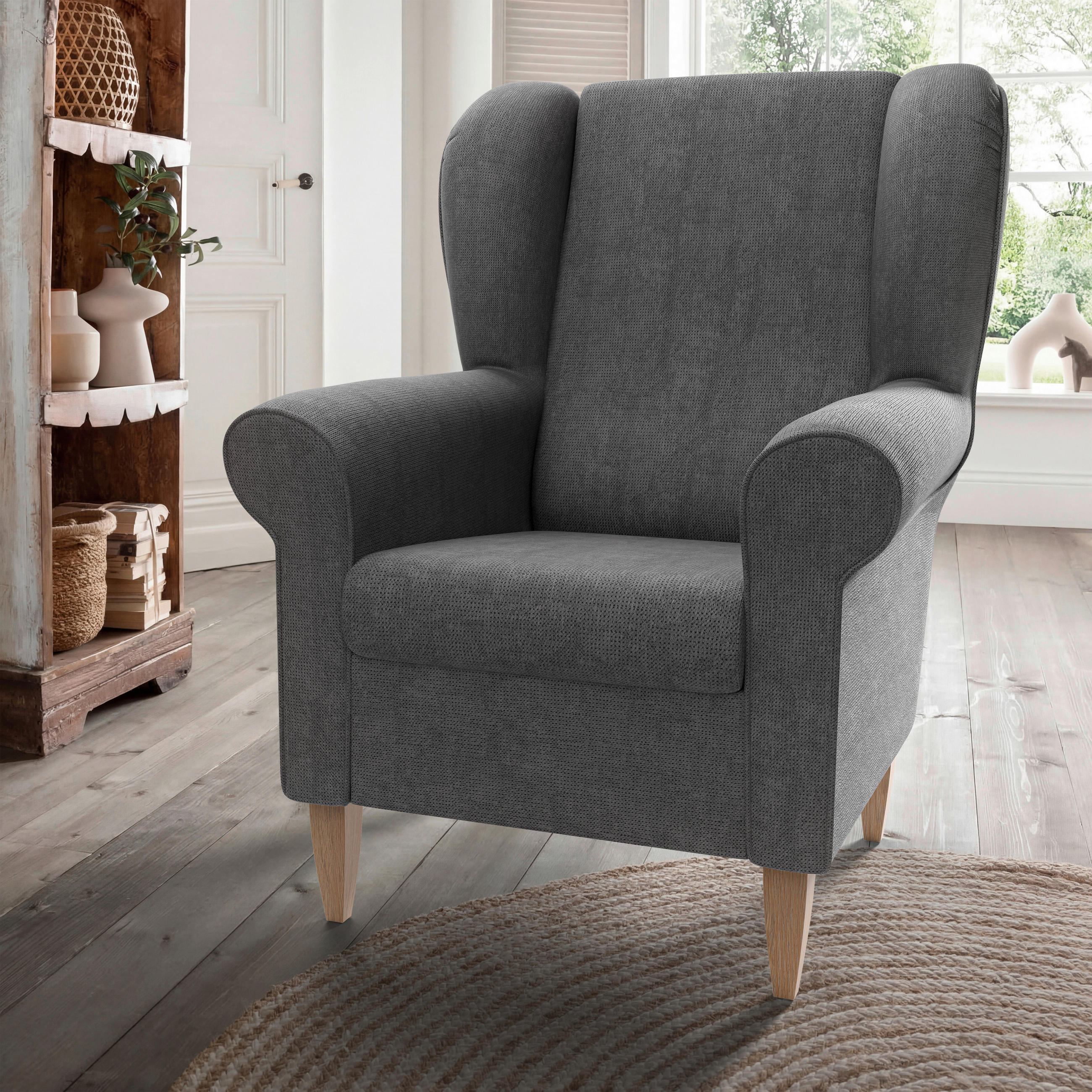 OHRENSESSEL Chenille Dunkelgrau  - Dunkelgrau/Naturfarben, Konventionell, Holz/Textil (80/102/86cm) - Livetastic