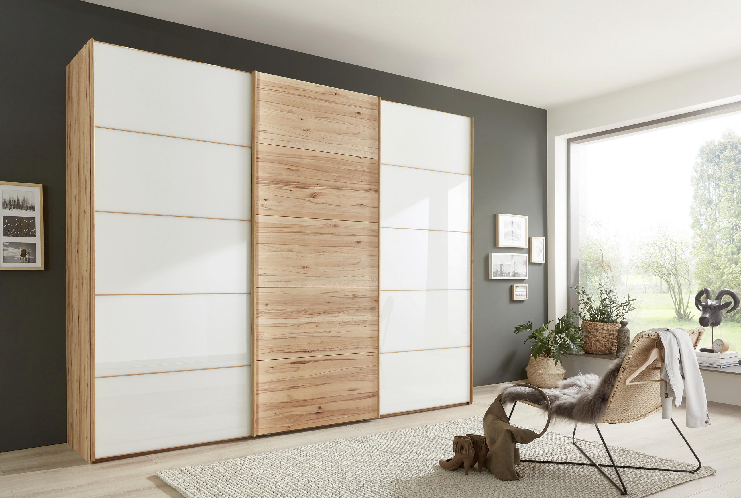 FÜGGESZTETT TOLÓAJTÓS SZEKRÉN részben tömörfa bükk fehér, bükk  - bükk/fehér, Natur, faalapú anyag/Üveg (300/236/67cm) - Linea Natura