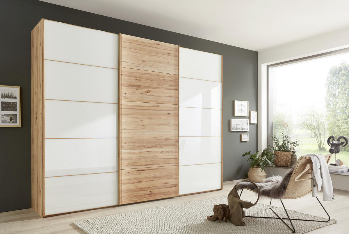 SCHWEBETÜRENSCHRANK 300/236/67 cm 3-türig Weiß, Buchefarben  - Buchefarben/Weiß, Natur, Glas/Holz (300/236/67cm) - Linea Natura