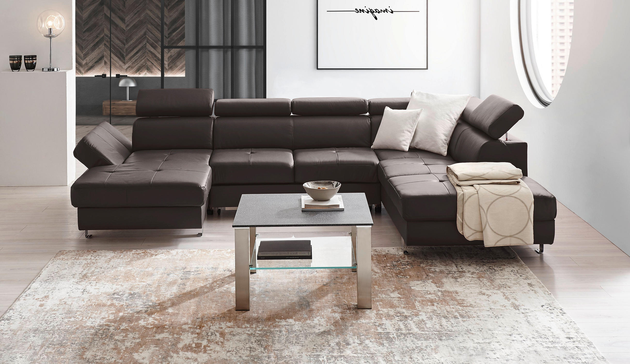Wohnlandschaft inkl.Funktionen Dunkelbraun Kombination Echtleder/Lederlook Lederlook  - Chromfarben/Dunkelbraun, Design, Leder/Textil (157/334/212cm) - Stylife
