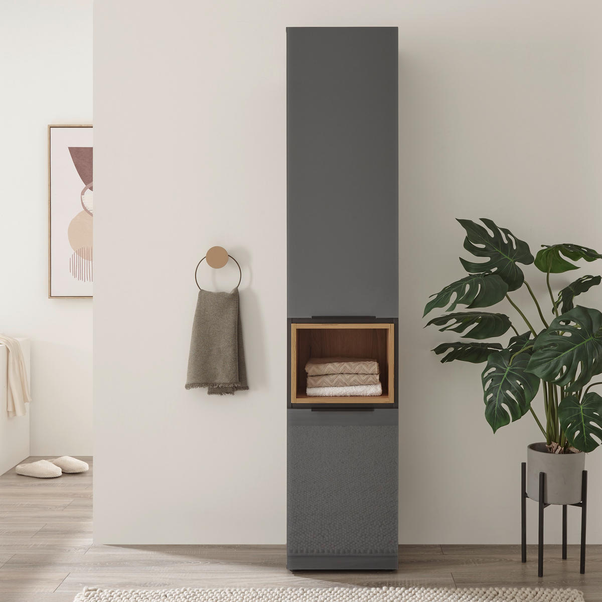 MAGASSZEKRÉNY 38/185/35 cm  - tölgyfa színű/fekete, Design, műanyag/faalapú anyag (38/185/35cm) - home24