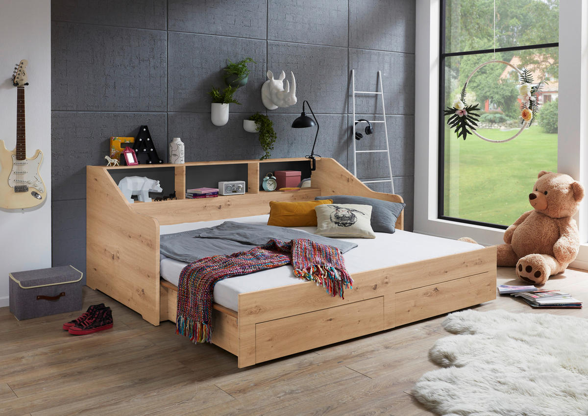 AUSZIEHBETT 90-180/200 cm  in Dunkelgrau, Eiche Artisan  - Dunkelgrau/Buchefarben, KONVENTIONELL, Holzwerkstoff (90-180/200cm) - Carryhome