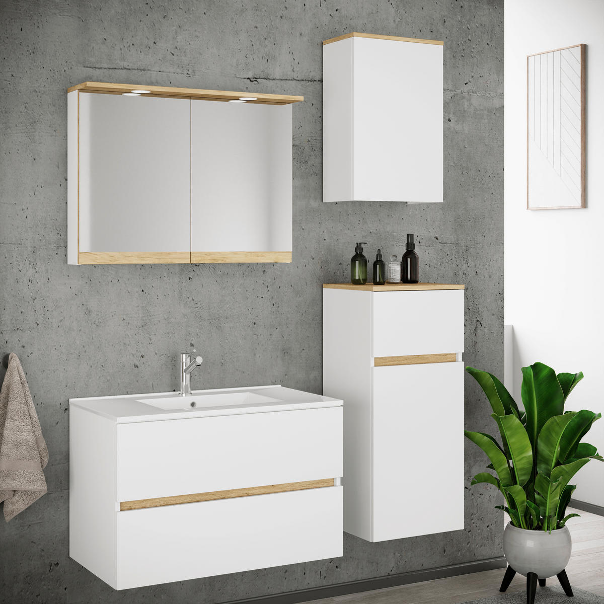 BADEZIMMER 5-teilig  in 121 cm  - Honigeiche/Weiß, Trend, Keramik/Holzwerkstoff (121cm) - MID.YOU