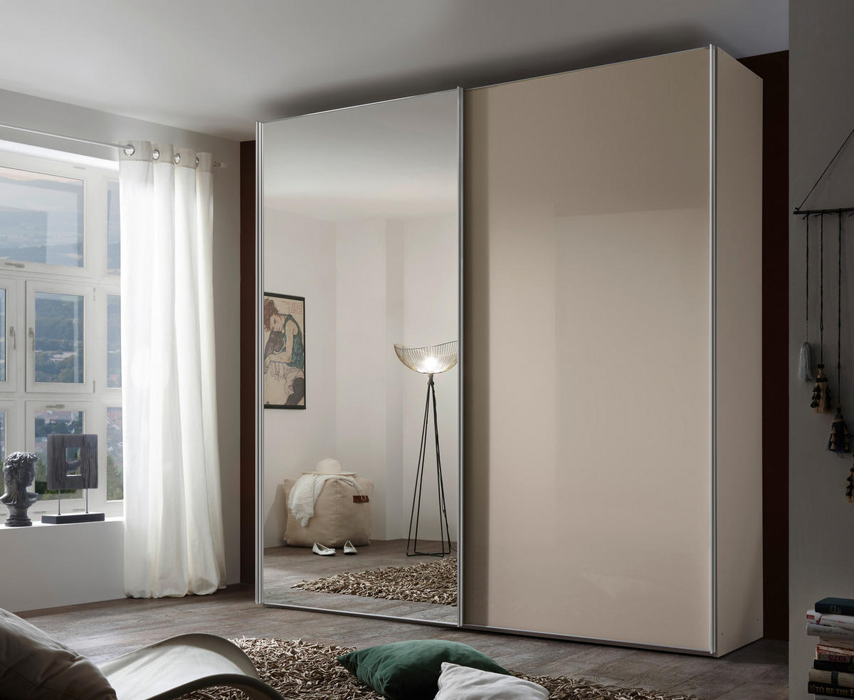 SCHWEBETÜRENSCHRANK in Sandfarben  - Sandfarben/Chromfarben, Basics, Glas/Holzwerkstoff (167/222/68cm) - Moderano