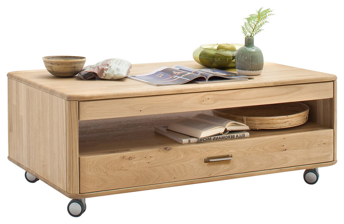 COUCHTISCH Balkeneiche massiv 115/70/45 cm rechteckig Eiche Bianco  - Eiche Bianco/Silberfarben, Design, Holz/Kunststoff (115/70/45cm) - Livetastic