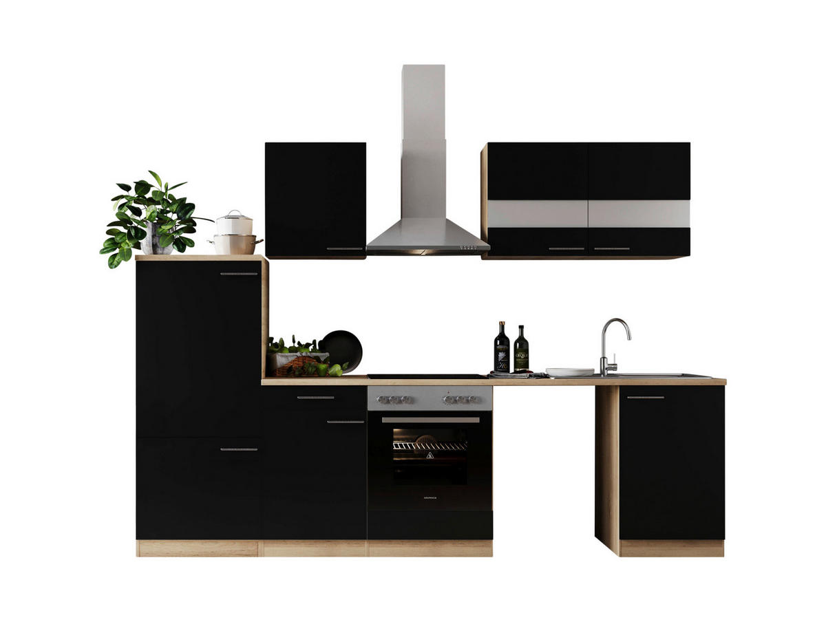 KÜCHENBLOCK 280 cm   in Schwarz  - Edelstahlfarben/Eichefarben, Basics, Glas/Holzwerkstoff (280cm) - Respekta
