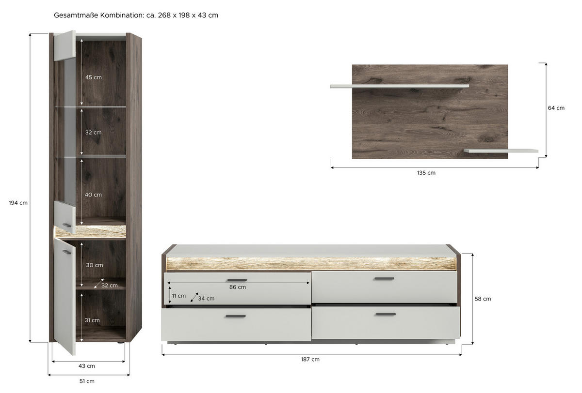 WOHNWAND 3-teilig  in Hellgrau  268/198/43 cm  - Hellgrau, Design, Glas/Holzwerkstoff (268/198/43cm) - MID.YOU