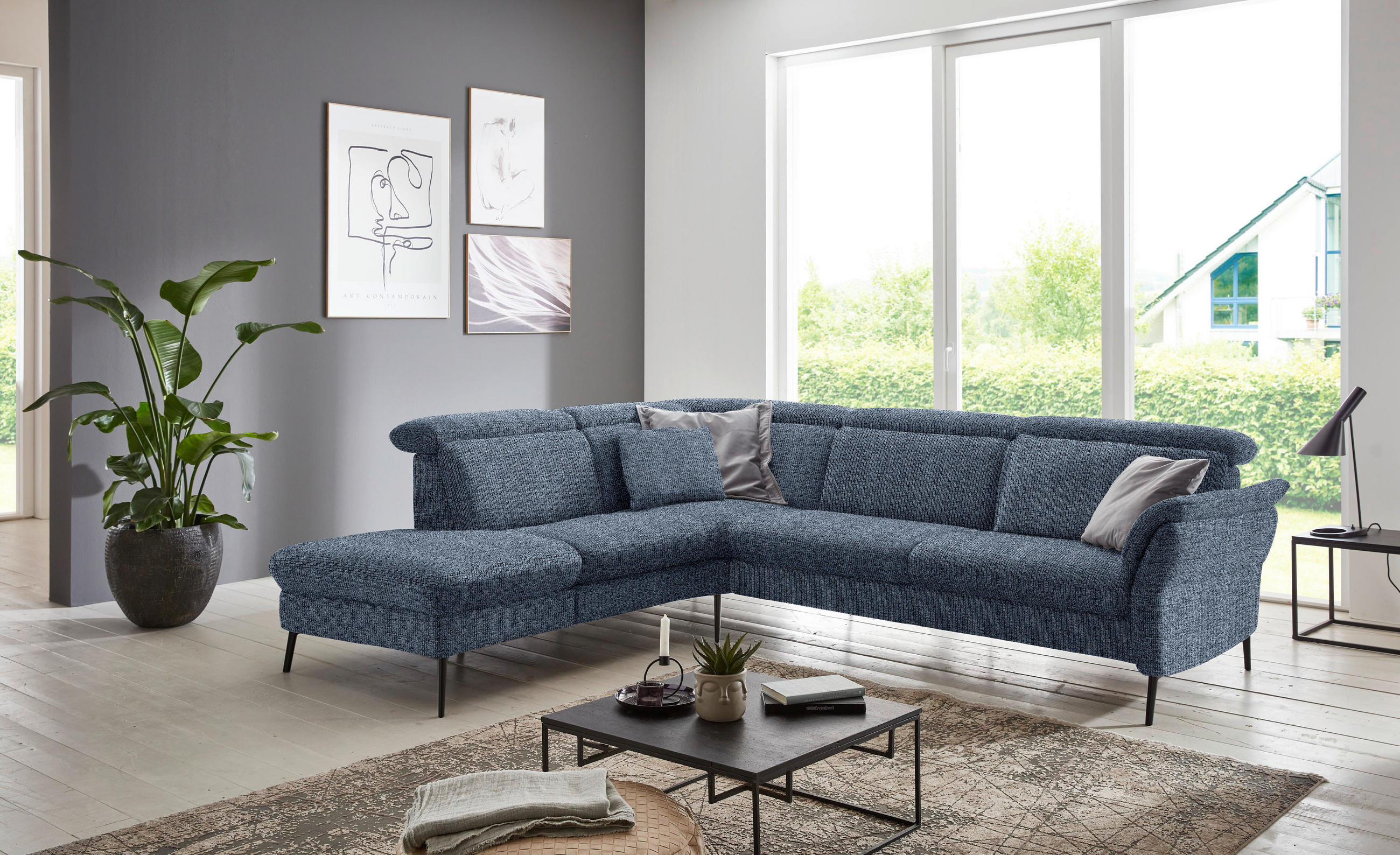ECKSOFA  in Struktur Blau  235/275 cm  - Blau/Schwarz, MODERN, Textil/Metall (235/275cm) - Cantus
