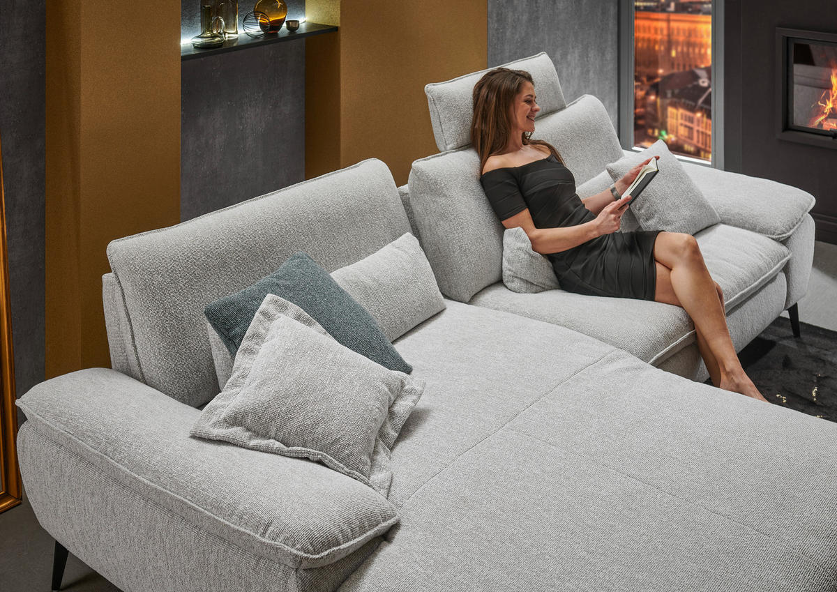 ECKSOFA Ecru Webstoff  - Ecru/Schwarz, Design, Textil/Metall (197/295cm) - Valdera