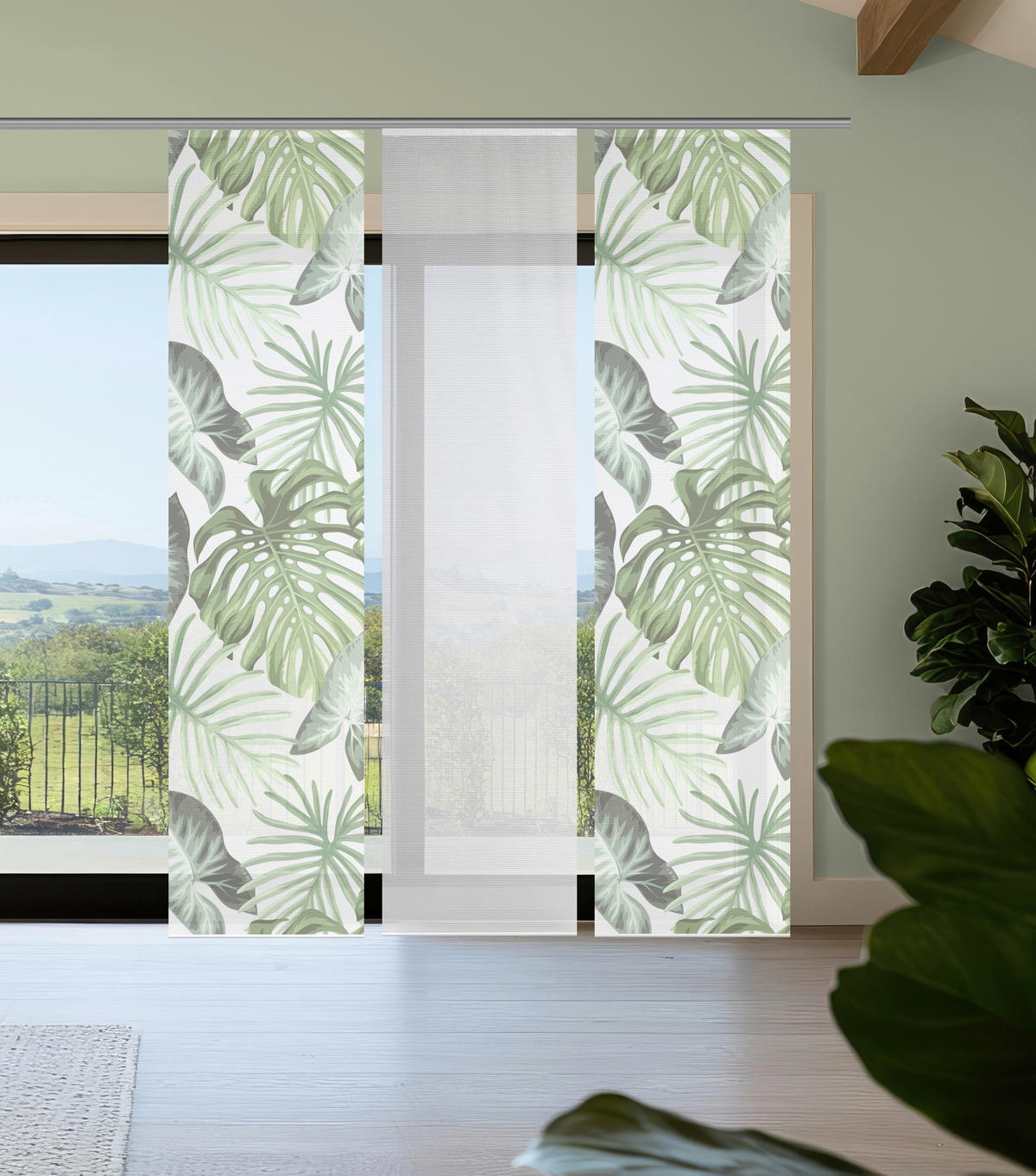 FLÄCHENVORHANG  3 Stück  blickdicht  60/260 cm   - Weiß/Grün, Natur, Textil (60/260cm)