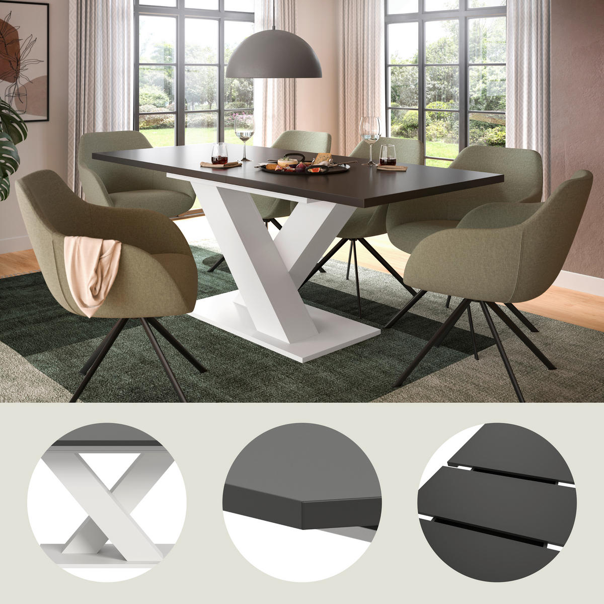 ESSTISCH Grau, Weiß, Dunkelgrau rechteckig  ausziehbar  - Dunkelgrau/Weiß, KONVENTIONELL, Holzwerkstoff (150-190/90/76cm) - MID.YOU