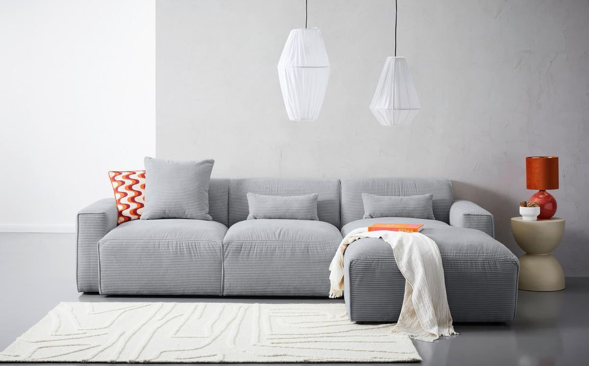 ECKSOFA Grau Cord  - Schwarz/Grau, Design, Kunststoff/Textil (303/196cm) - Livetastic