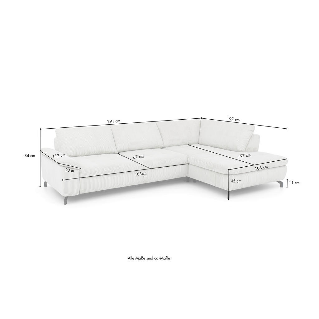 Thumbnail - Beldomo Style Ecksofa Sense, Grau, Textil, 3-Sitzer, Ottomane rechts, L-Form, 291x197 cm, Goldenes M, Typenauswahl, Fußa...