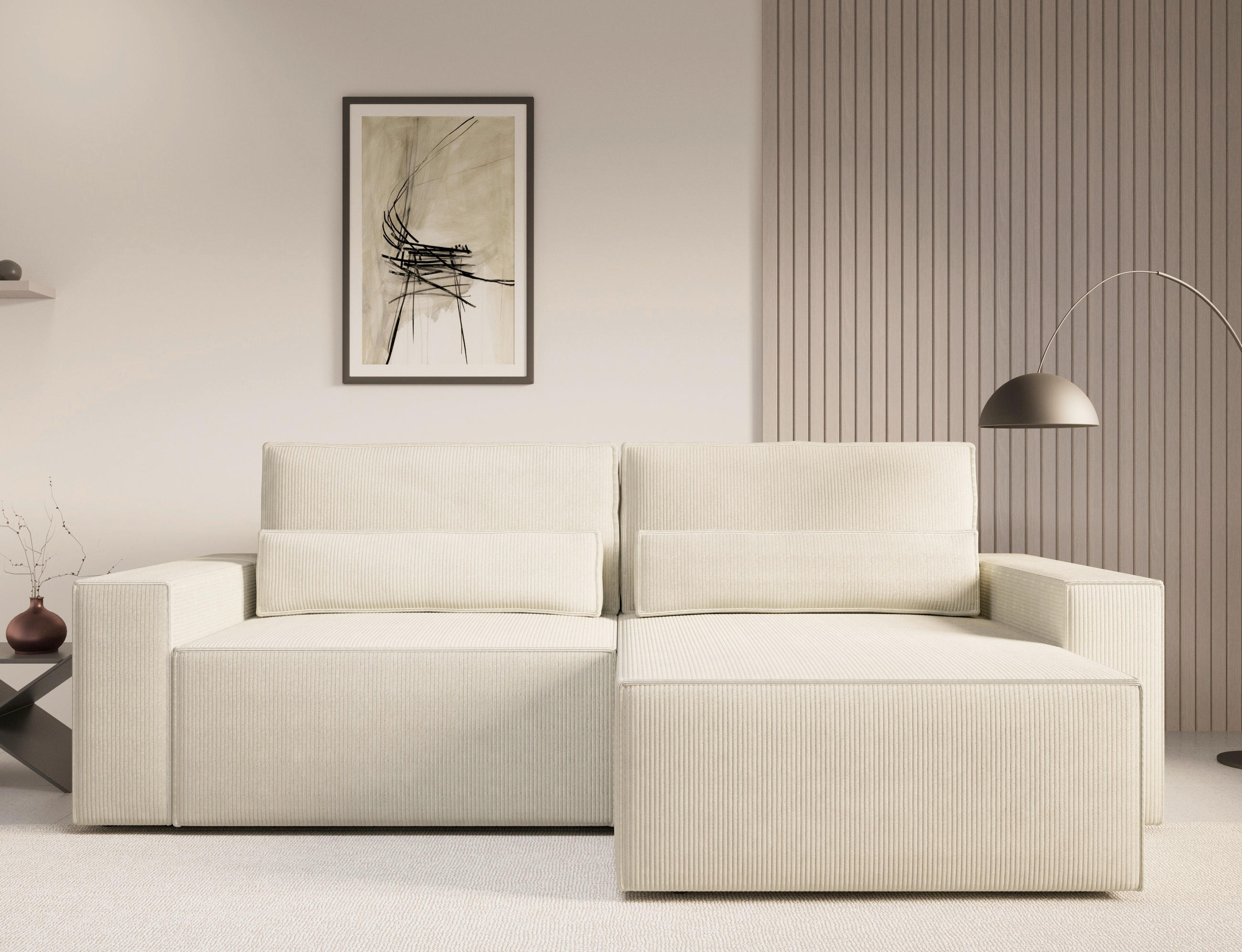 ECKSOFA BRAZIL MINI L Beige Cord Schlaffunktion, Rücken echt  - Beige/Schwarz, Design, Kunststoff/Textil (248/162cm) - MID.YOU