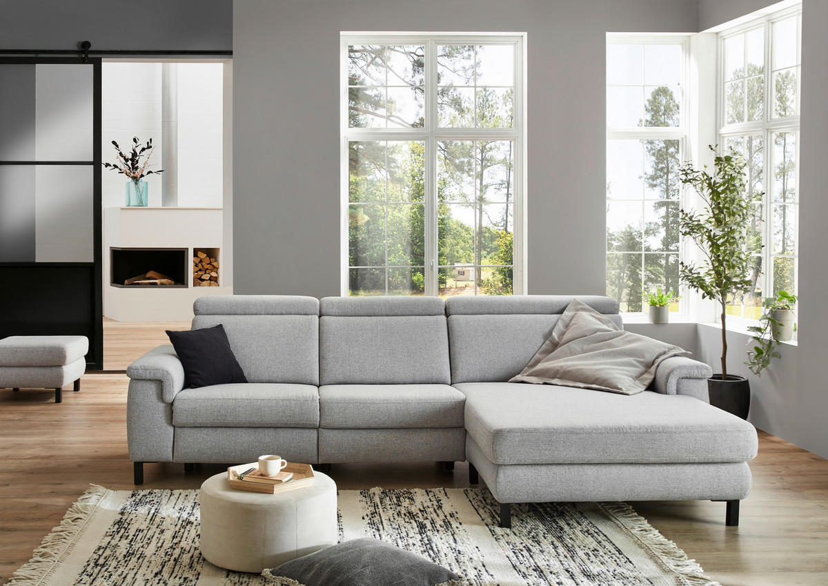 ECKSOFA in Flachgewebe Hellgrau  - Hellgrau/Schwarz, Konventionell, Textil/Metall (304/182cm) - Pure Home Comfort
