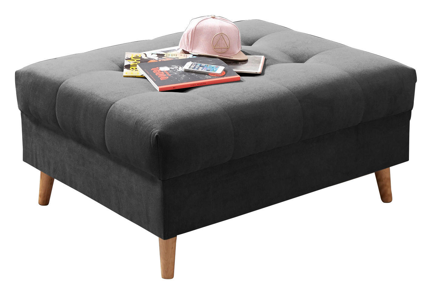 HOCKER Mikrovelours Anthrazit  - Anthrazit/Kieferfarben, KONVENTIONELL, Holz/Textil (106/48/80cm) - MID.YOU