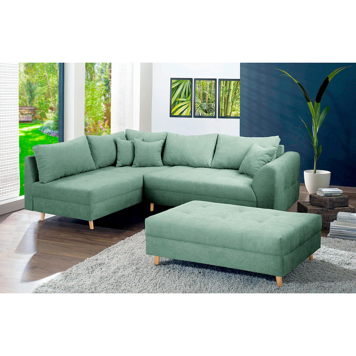 ECKSOFA inkl. Hocker Ariella in Mikrofaser Mintgrün  161/231 cm  - Naturfarben/Mintgrün, Design, Holz/Textil (161/231cm) - Livetastic